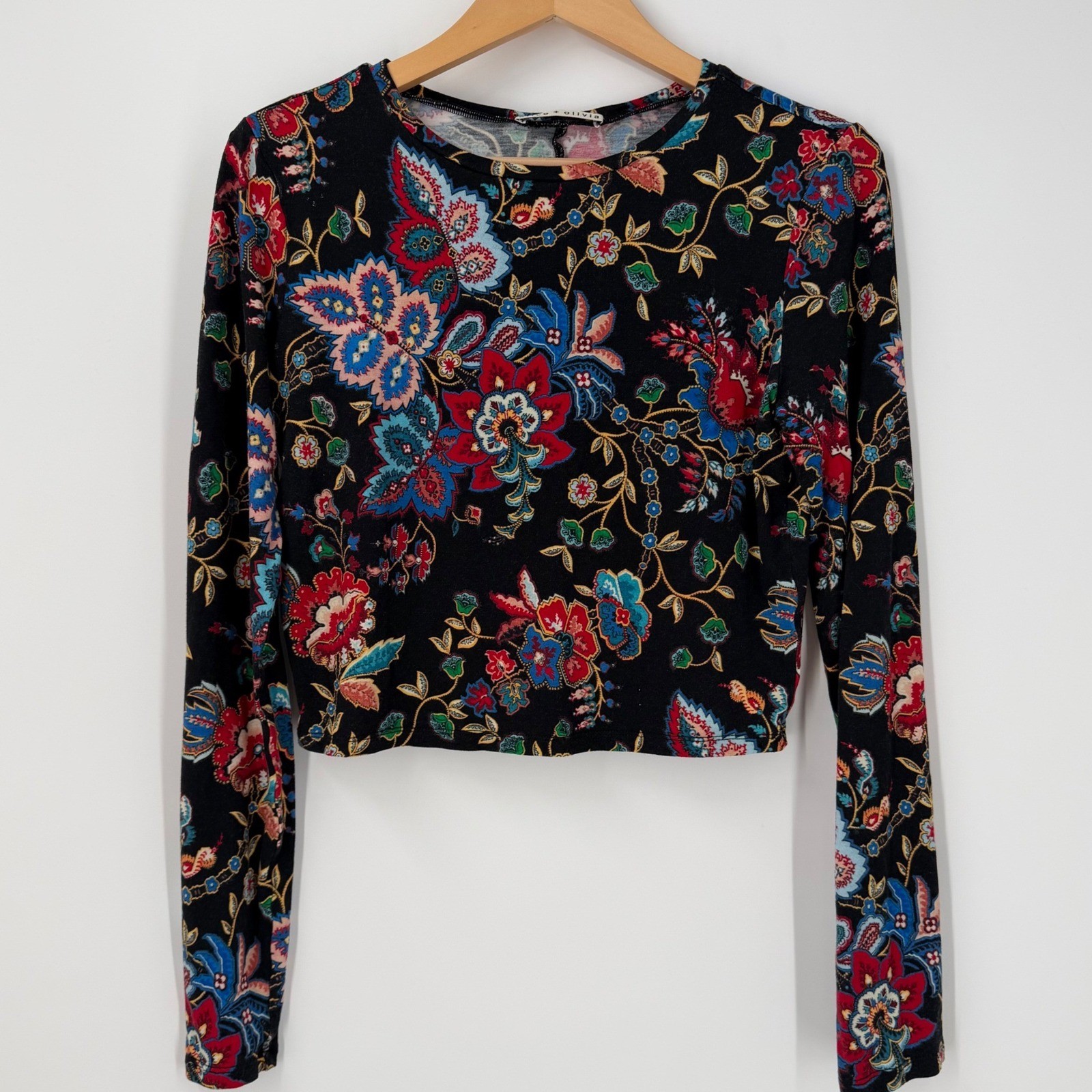 Alice + Olivia Womens Floral Paisley Long Sleeve Crop Top Black Multi Color