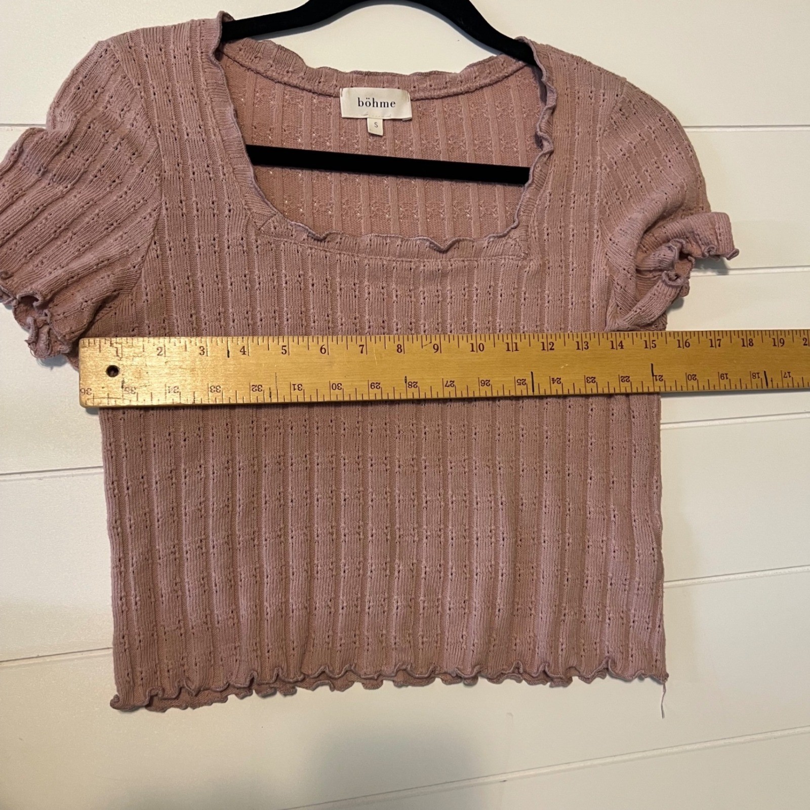 Bohme Women Pink Ribbed Pointelle Knit Square Neck Lettuce Edge Crop Top Small