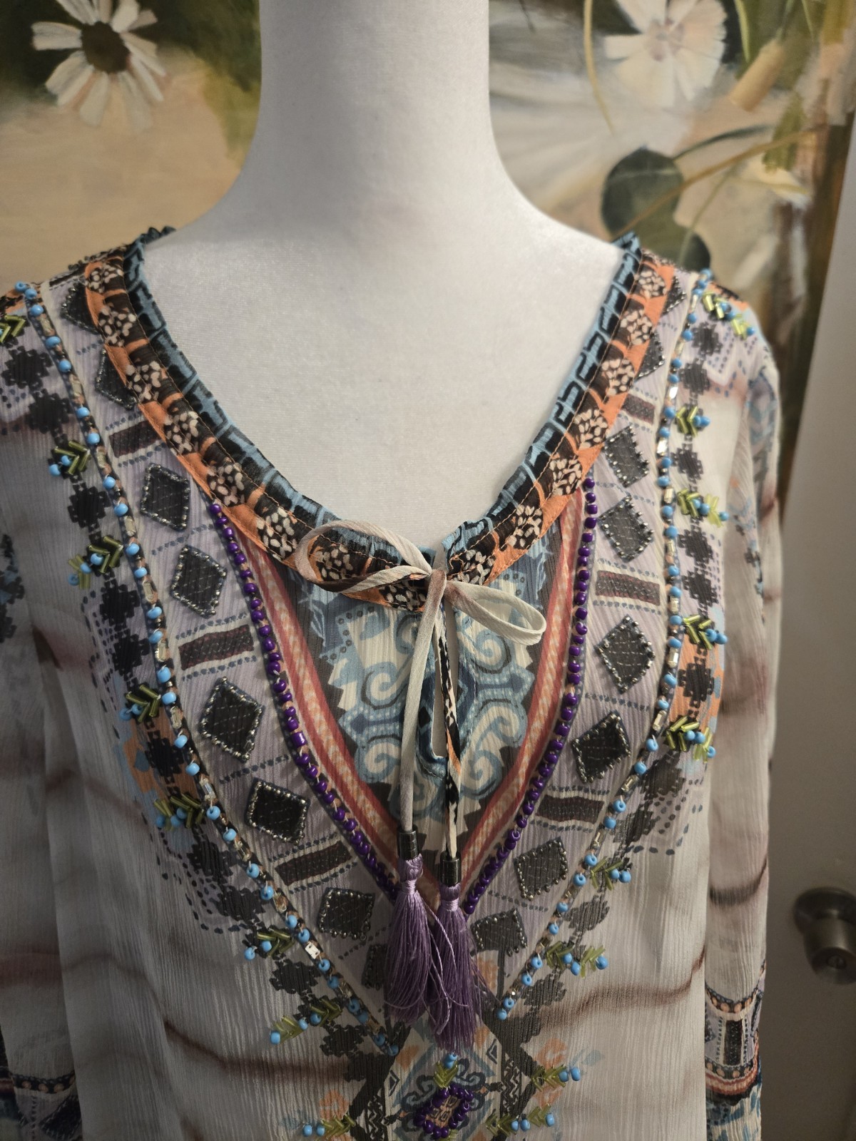 Hale Bob Women’s Wearable Art Silk Crinkle Chiffon Beaded Detail Blouse Size M