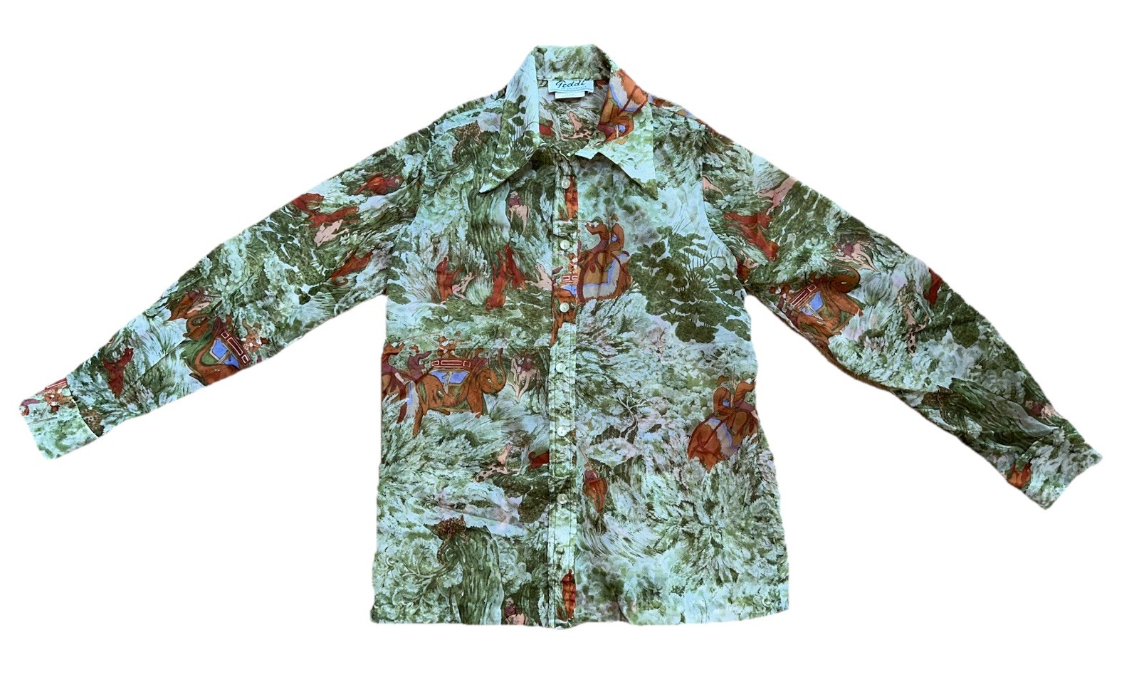 VTG 70s Teddi of California Boho Hippie Tunic Button Top Blouse Asian Hunt Green