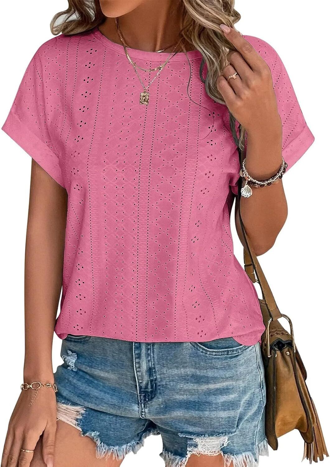 Womens Eyelet Embroidery Top Short Sleeve Curved Hem Loose Fit Summer T Shirt