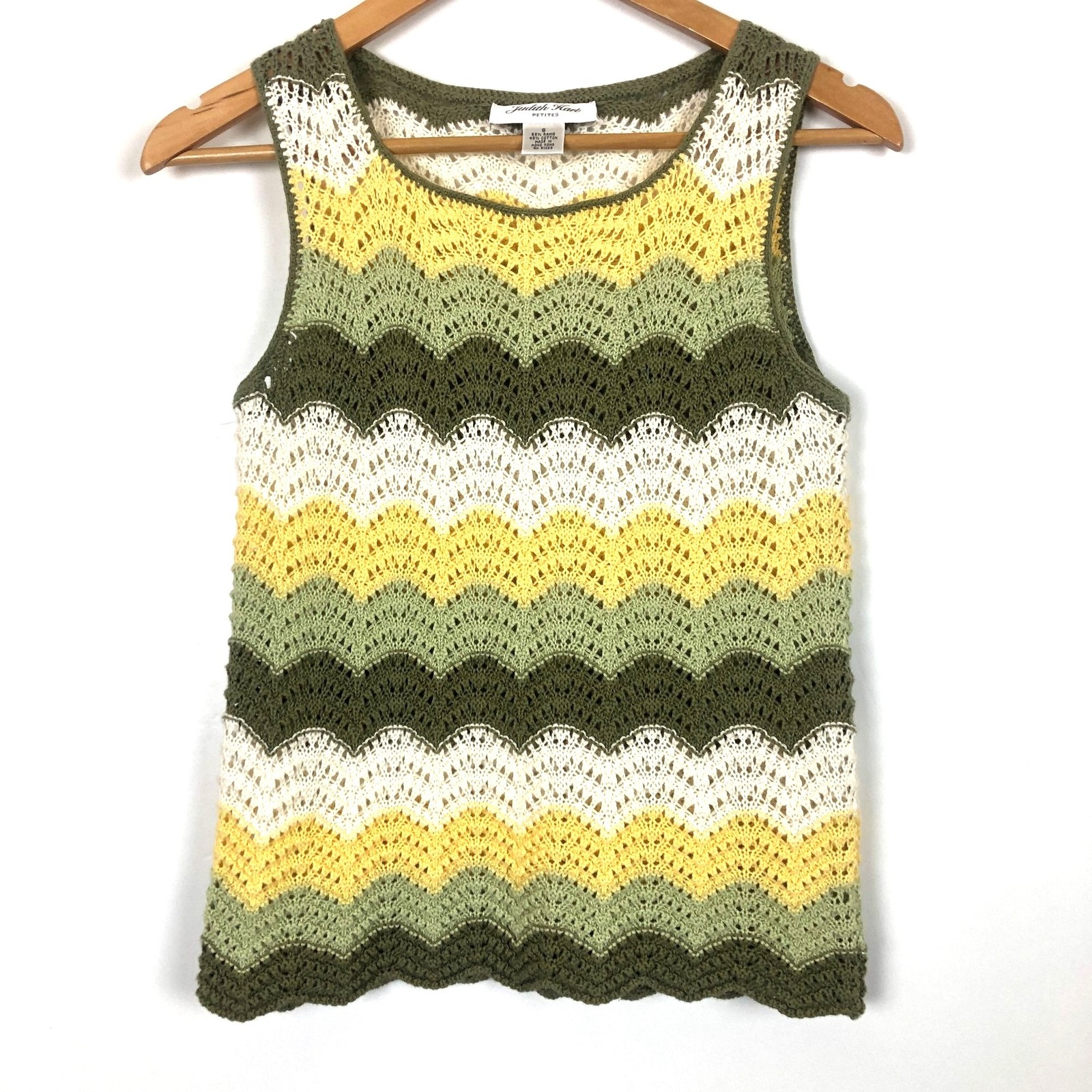 Judith Hart Knit Tank Petite Small Chevron Lace Cotton Yellow Green White Vtg