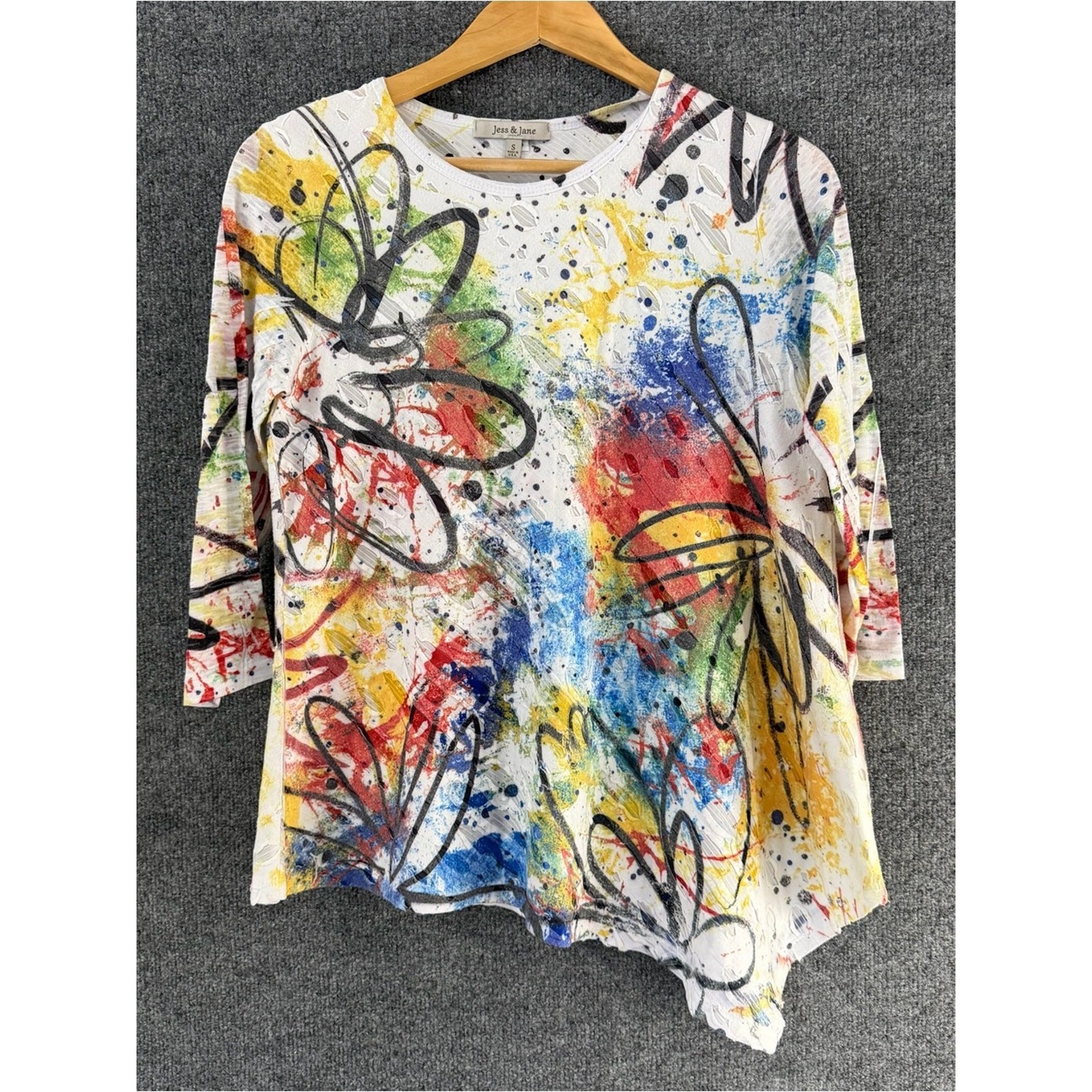 Jess & Jane Womens Artsy Top Size Small 3/4 Sleeve Multicolor