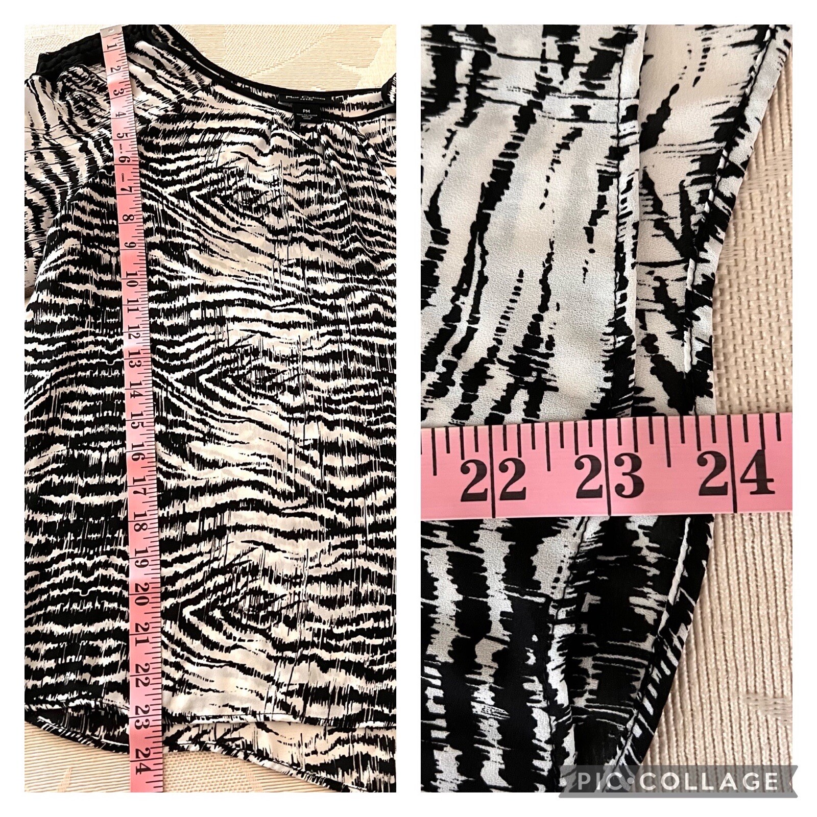 NUE OPTIONS Women Size PM Blouse Top Animal Print 3/4 Slv Black White Semi Sheer