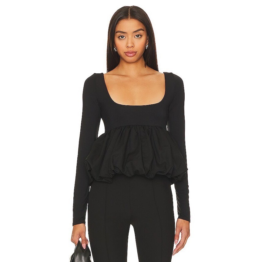 The Line by K Uwe Bubble Top Womens XS Black Long Sleeve Peplum Scoop Neck Chic