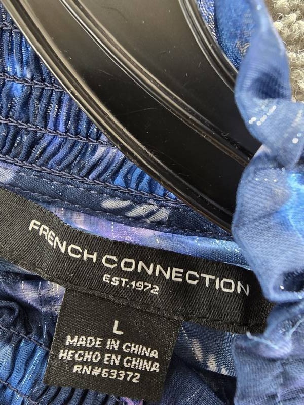 French Connection Smocked Anifrida Arica Pleat-Sleeve Top Women’s L Blue Depth
