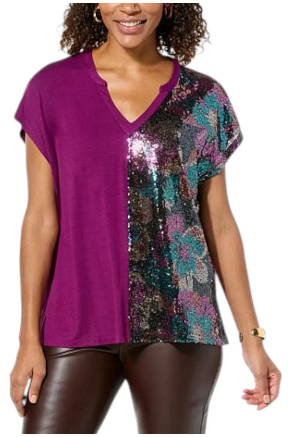 Colleen Lopez Women’s Mixed Media Sequin Detail Top Sweet Plum