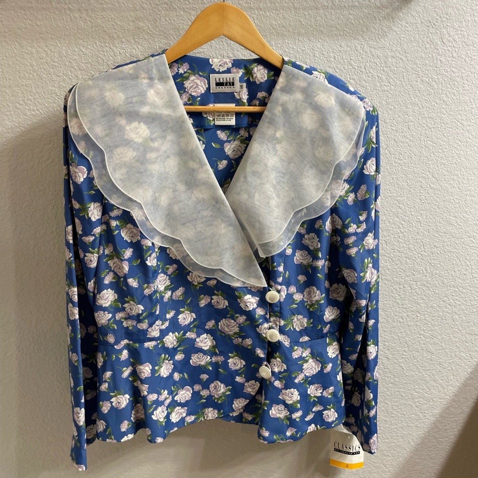 Vintage 80s/90s Leslie Fay Top Blouse Blue White Floral Wide Collar Women’s 14
