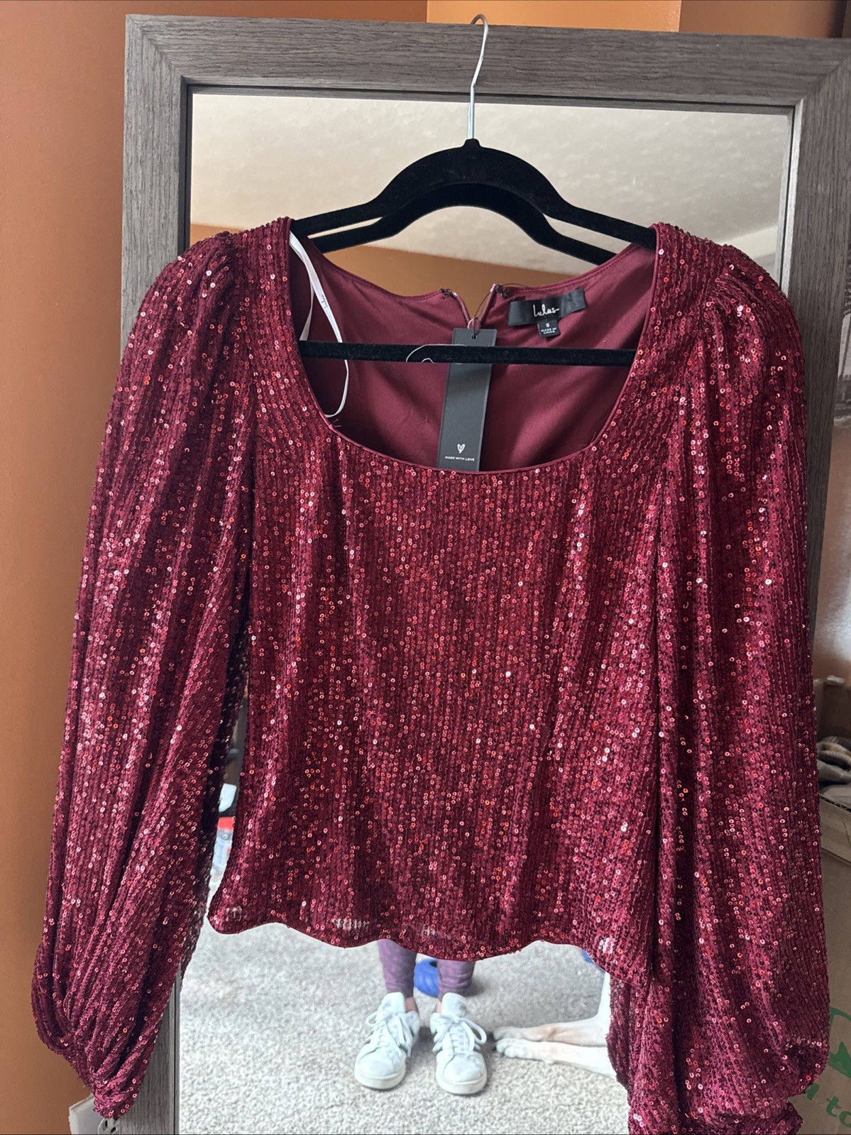 Lulus NWT Stay Shining Burgundy Sequin Square Neck Long Sleeve Top Size S