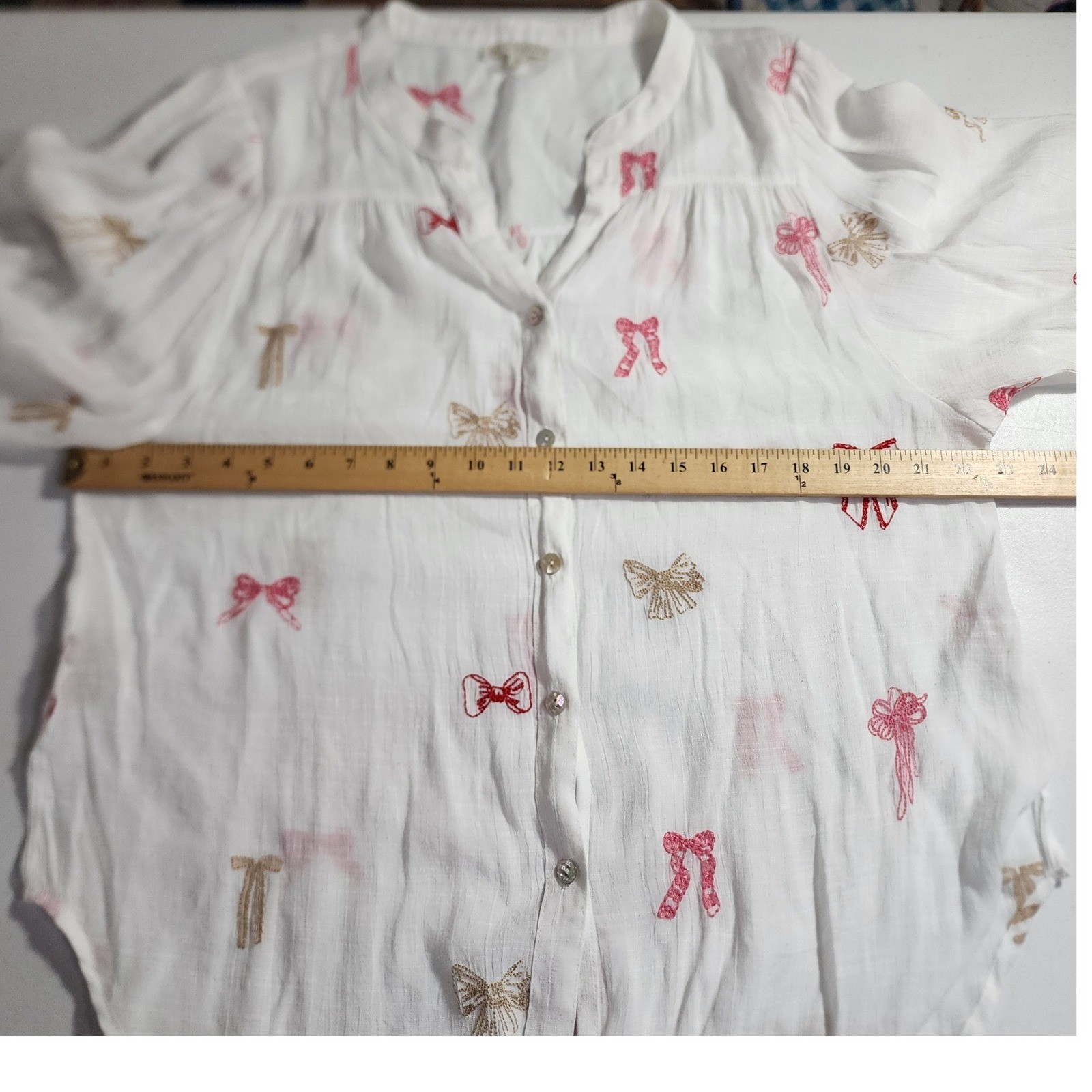 Fig + Flower Womens XL White Embroidered Bow Blouse 3/4 Sleeve Button Up Top