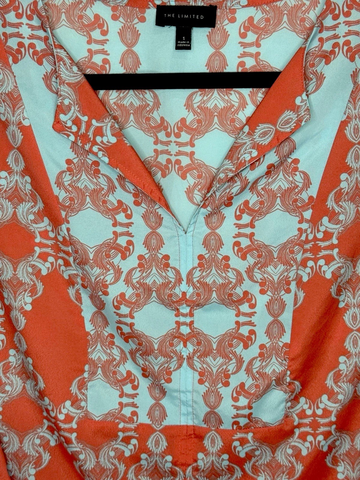 The Limited Women’s Small Orange White Scroll Print Split Neck Blouse Career Top