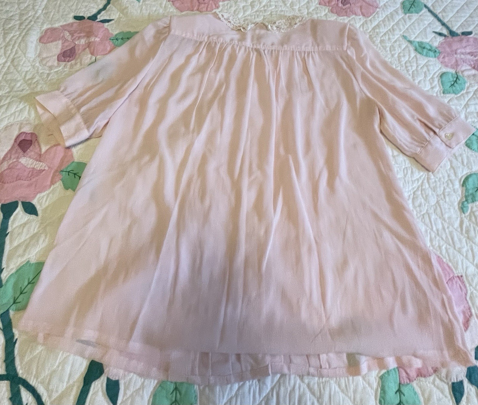 Pink Pastel Blouse Top Ivory Lace Collar 3/4 Sleeves Tucks Diversity Size 14