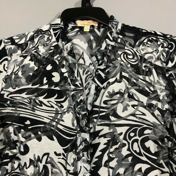 Choices Linen Blouse Button Shirt Sz S Flower Retro Roll Tab See Through Summer