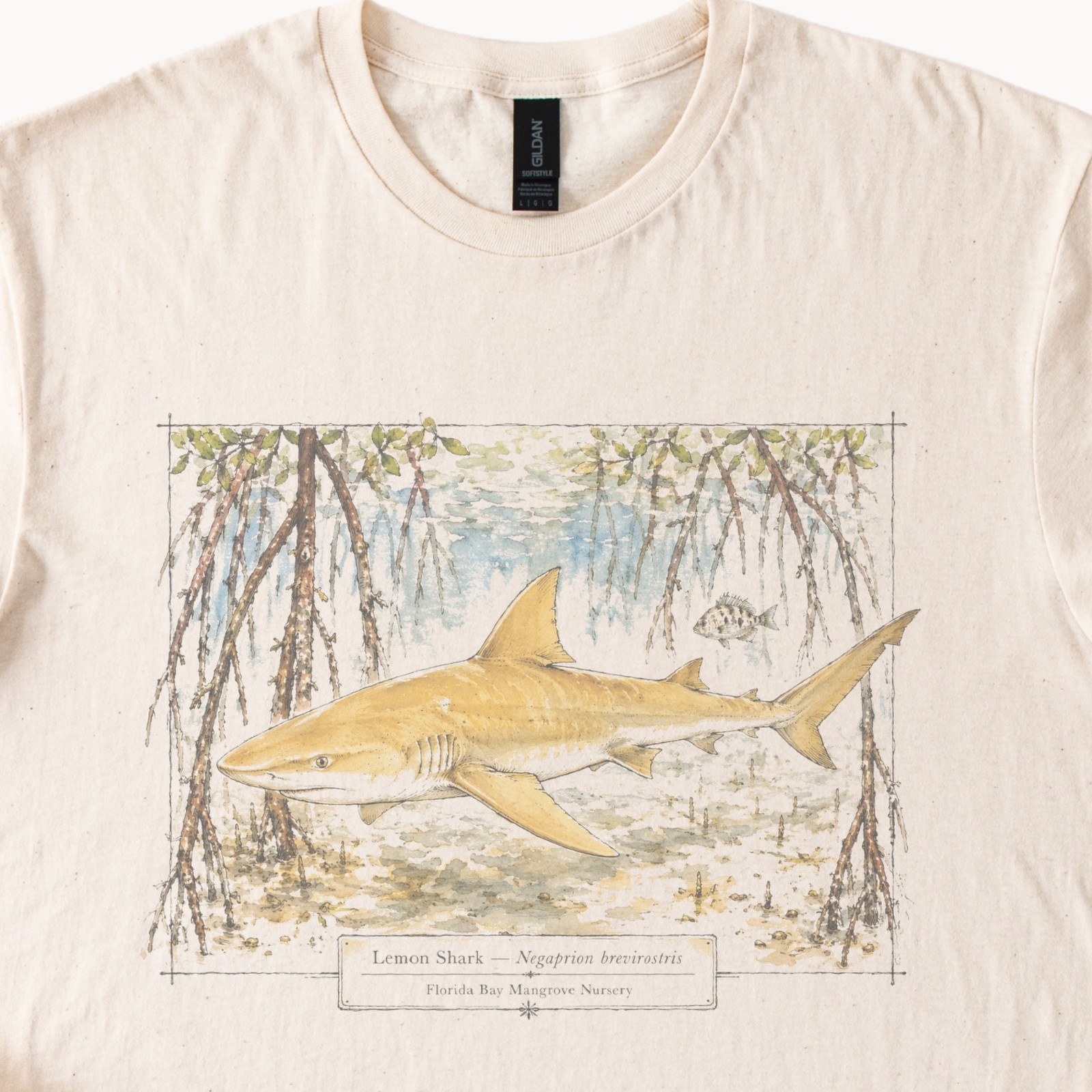 Lemon Shark Illustration Graphic Tee Natural Vintage Style Design