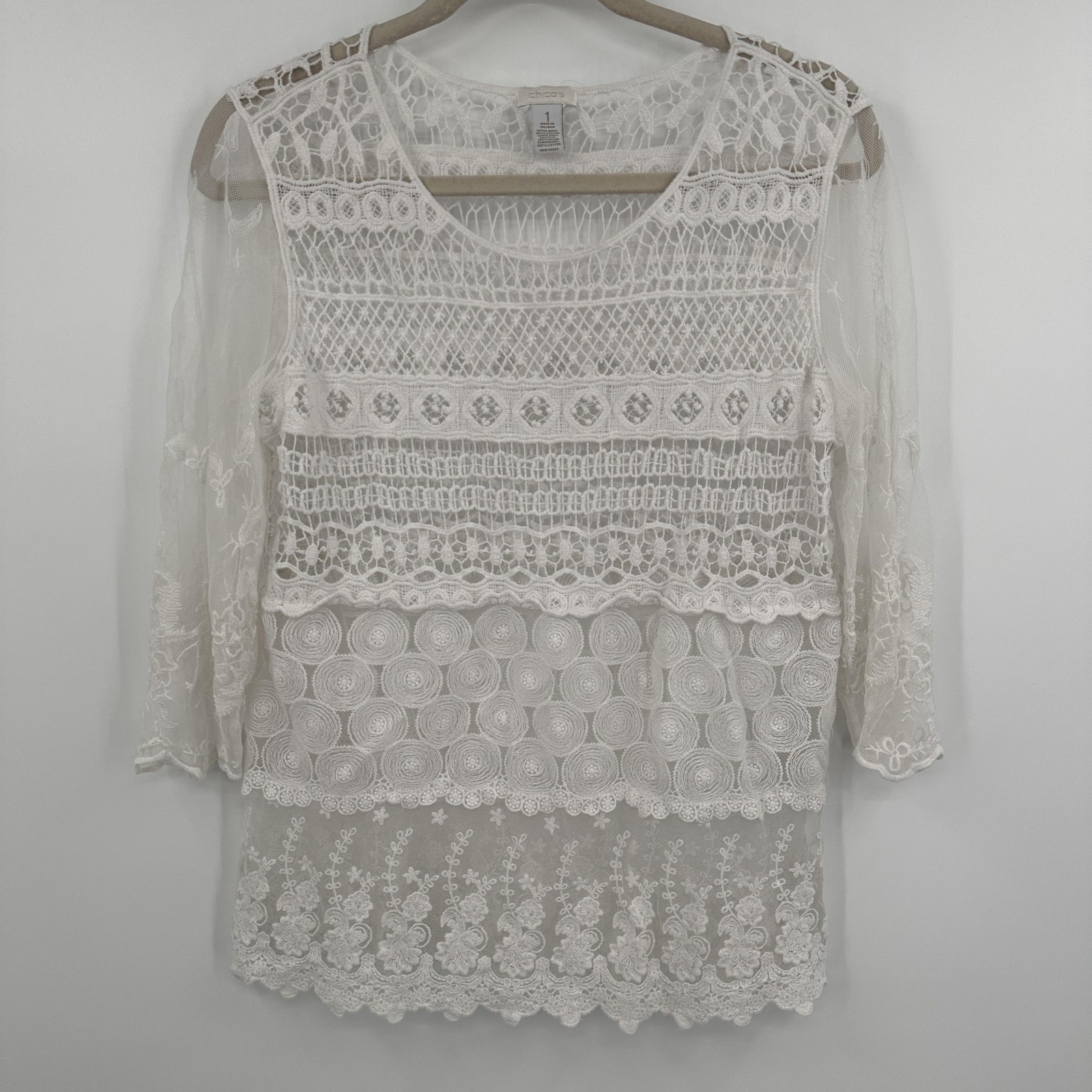 Chicos Lace Blouse Womens Size 1 Medium White Sheer Embroidered Mesh Boho Top