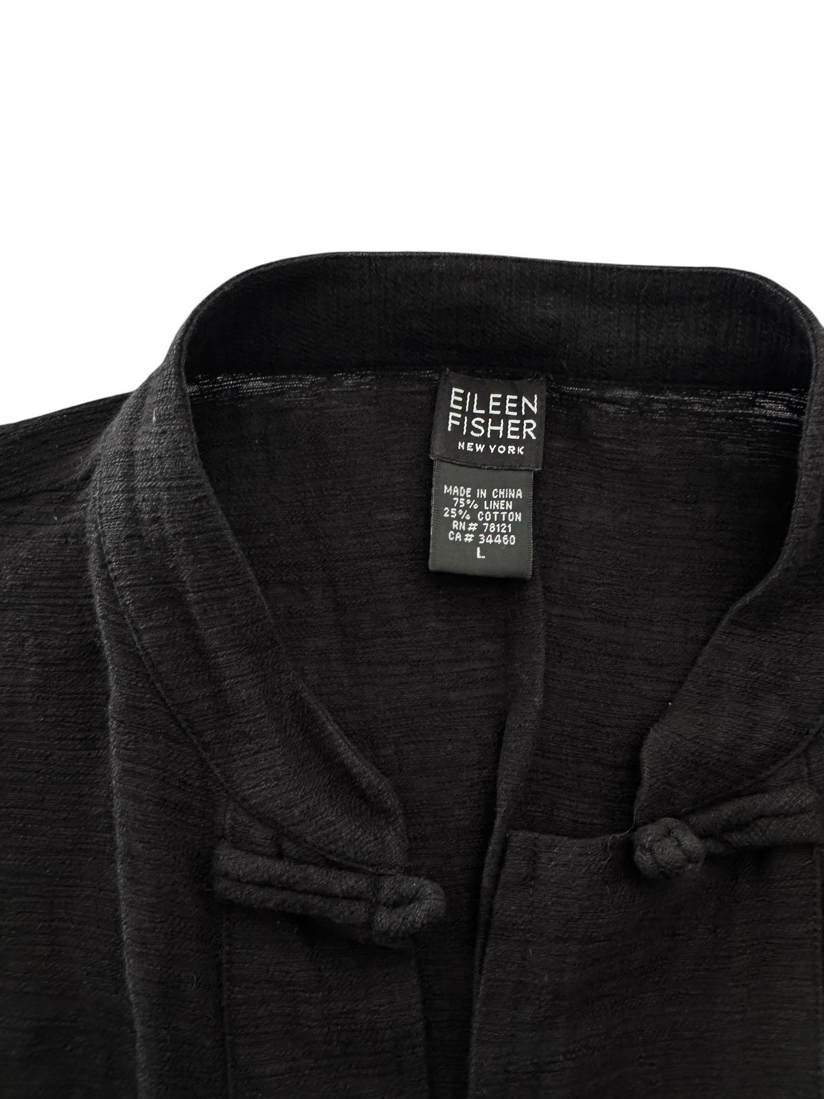 Eileen Fisher Shirt Sz L Mandarin Frog Closure Cotton Lagenlook Luxury Black