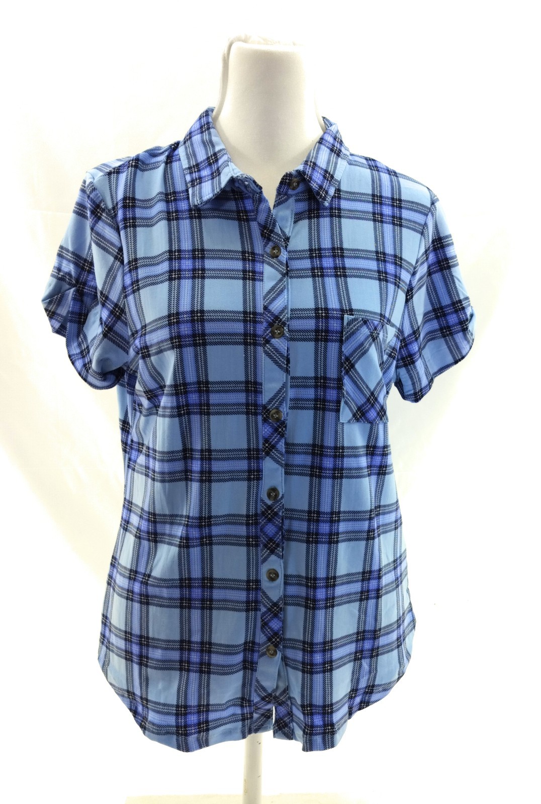 No Comment NY LA Womens Blue Plaid Button Front Shirt Short Sleeve Large