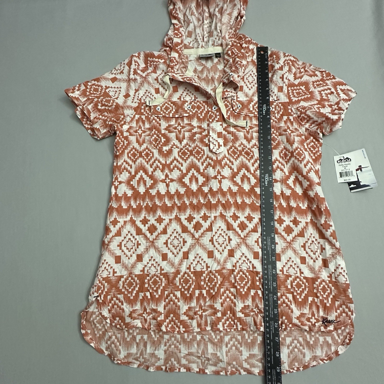 Kavu Holly Hoody Top Womens Medium M Coral White Pullover Shirt Cotton Aztec New