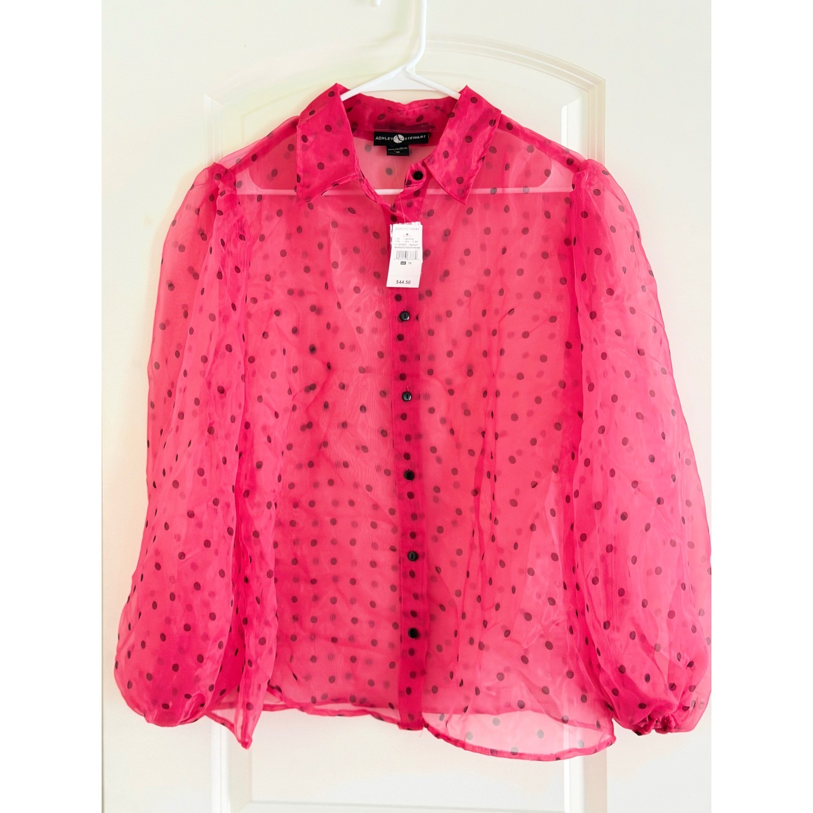 Ashley Stewart Pink Polka Dot Sheer Organza Puff Sleeve Blouse Size 10 NWT