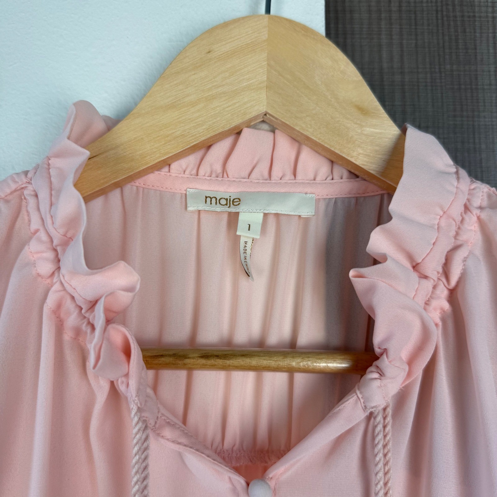 Maje Pink Ciana Chiffon Blouse Top Sheer Ruffle Tassel Button Up Size 1