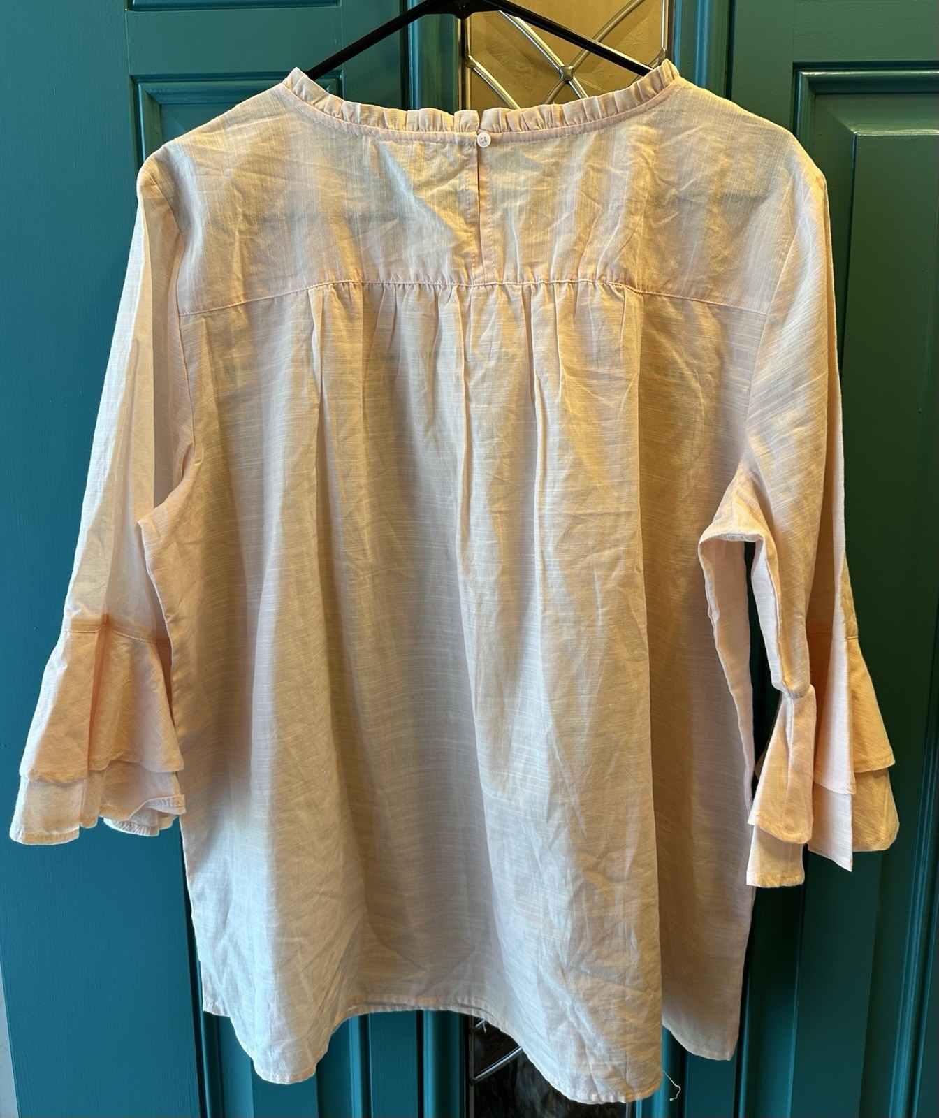 Ann Taylor Loft Outlet Blush Pink Crochet Lace Top SzL Tiered Ruffle Bell Sleeve