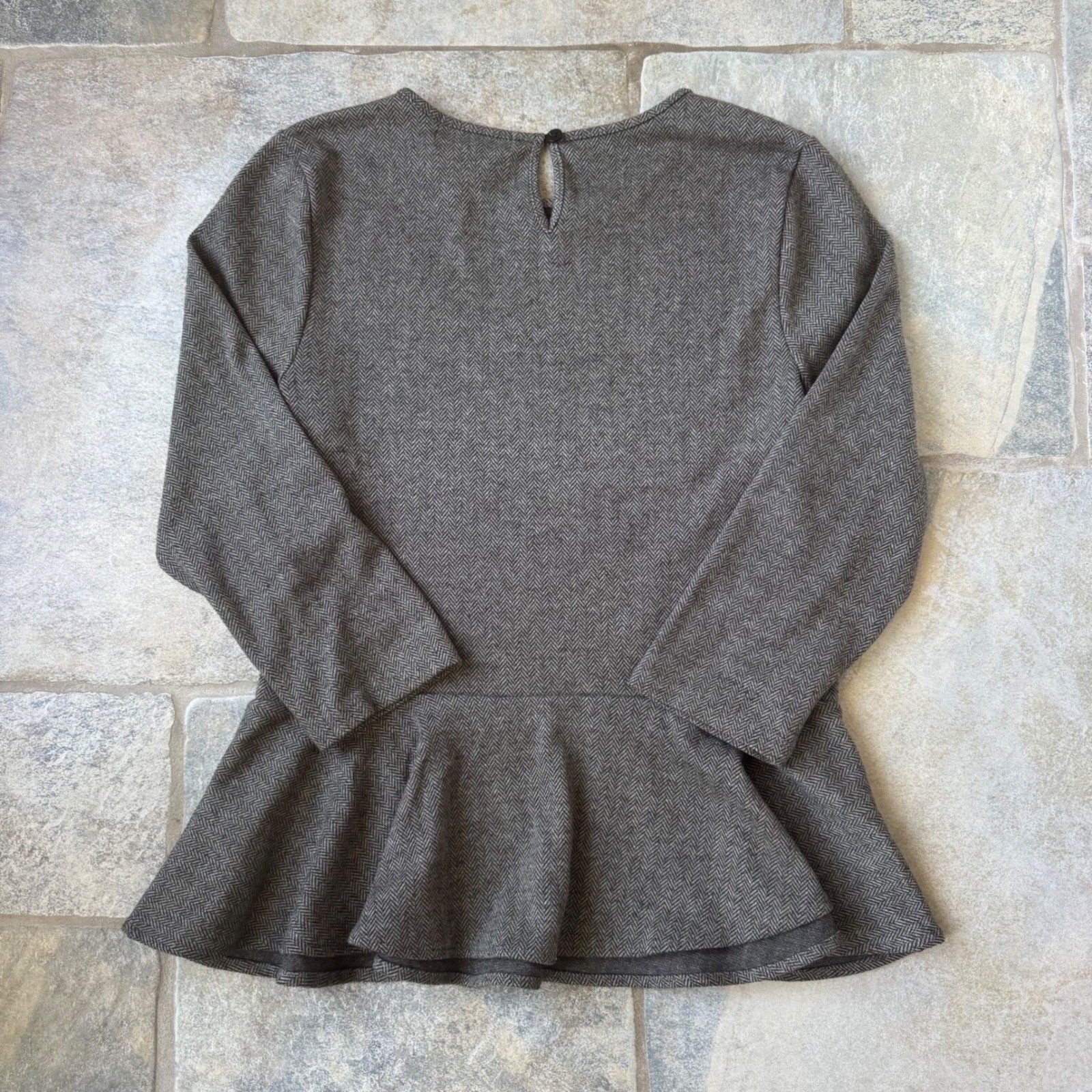 Lauren Ralph Lauren Herringbone Peplum Top Small Gray Keyhole Back Long Sleeve