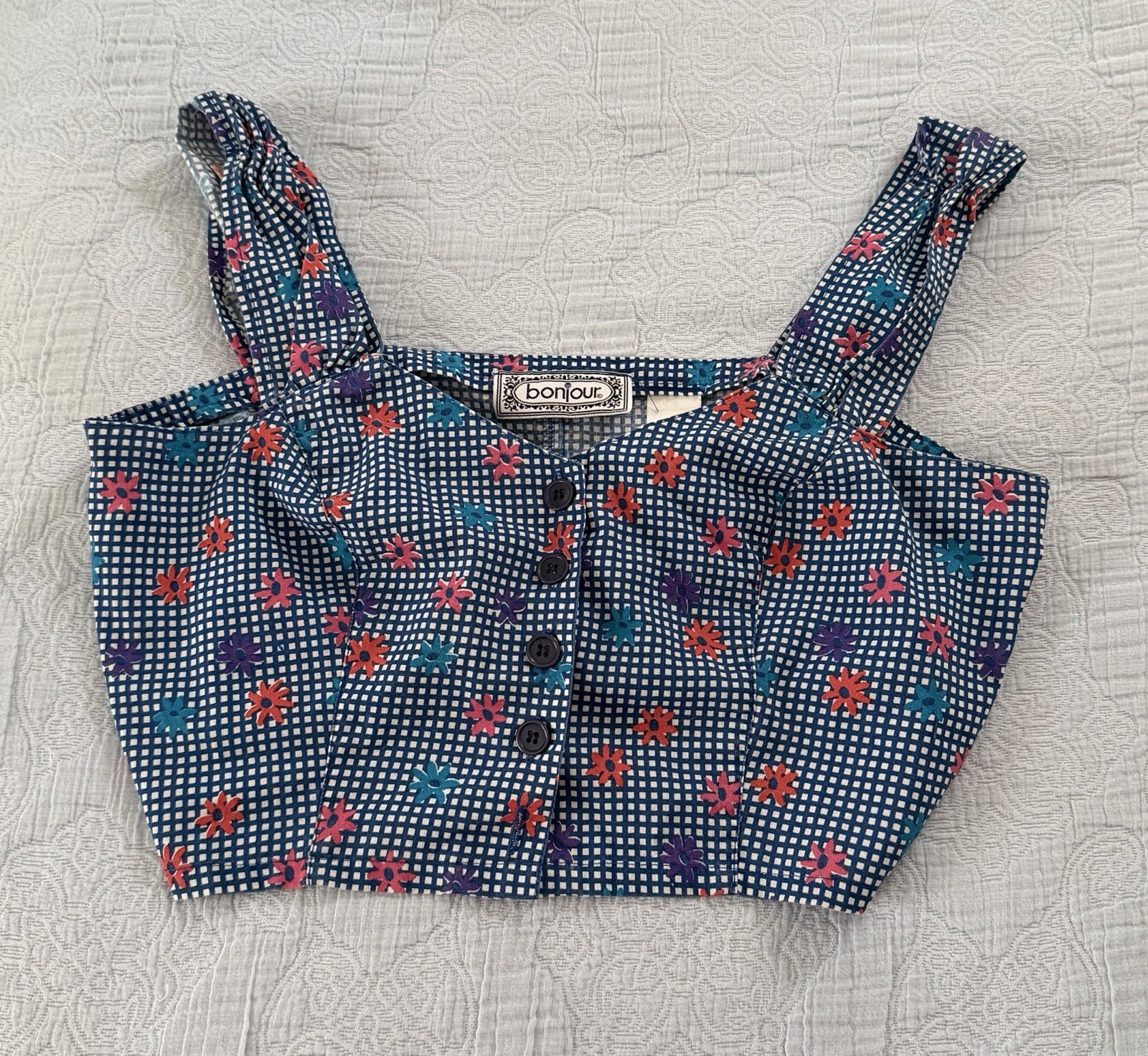 Vintage Y2K 90s Flower Daisy Gingham Crop Top Coquette Babydoll Bonjour Sz M