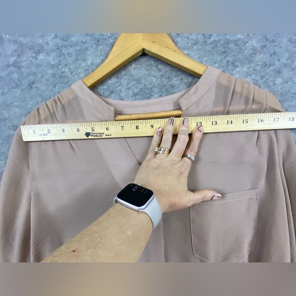 Jade Melody Tam Blouse Size L Taupe Semi Sheer Roll Tab Sleeves V-neck Neutral