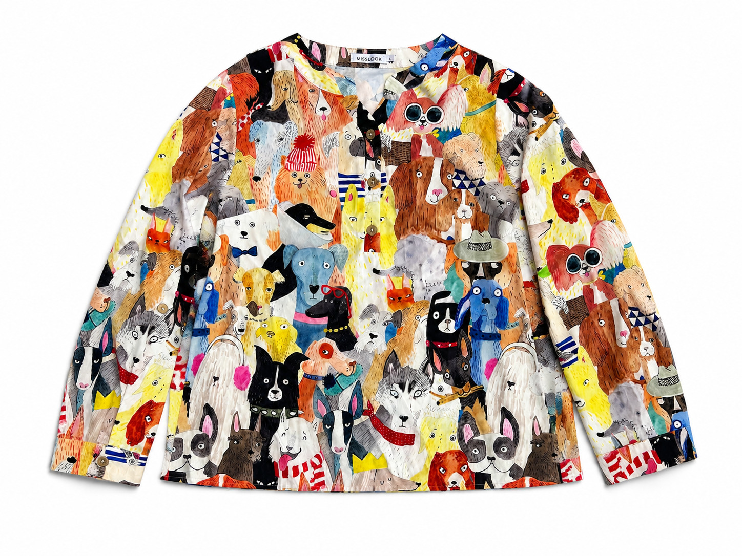 Misslook Womens Dog Print Blouse Top Size L Whimsical Animal Art Button Accent
