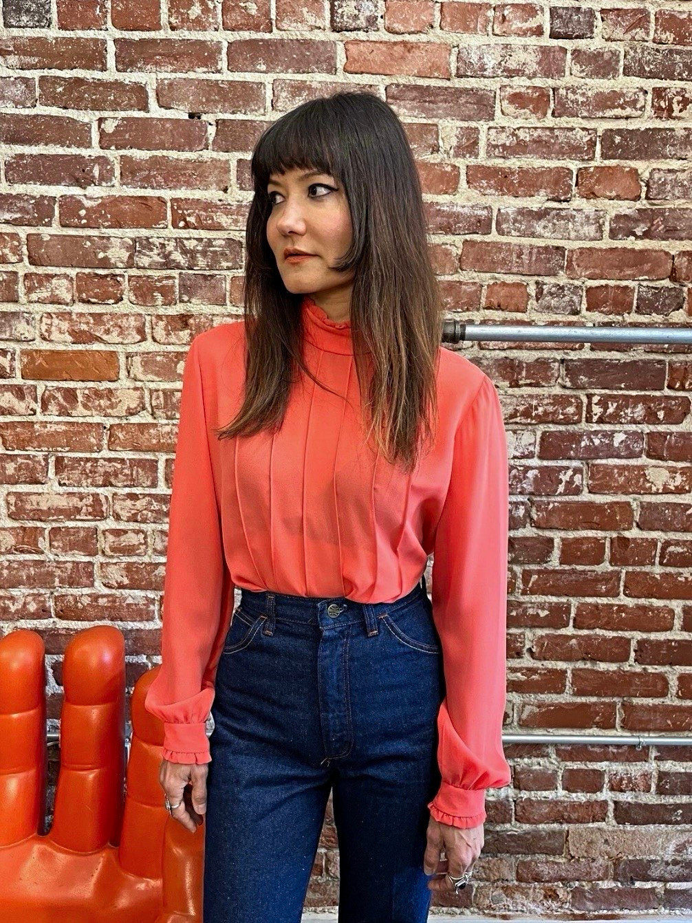 70s Vintage Women’s Coral Victorian Pleated Blouse Balloon Sleeve Ruffle Cuffs