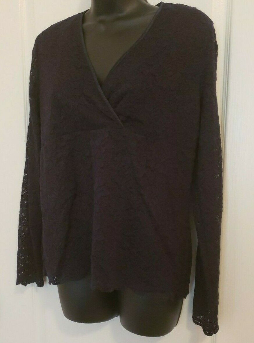 Emma James Blouse Sz Large Navy Blue Long Sleeve Lace Overlay V-Neck