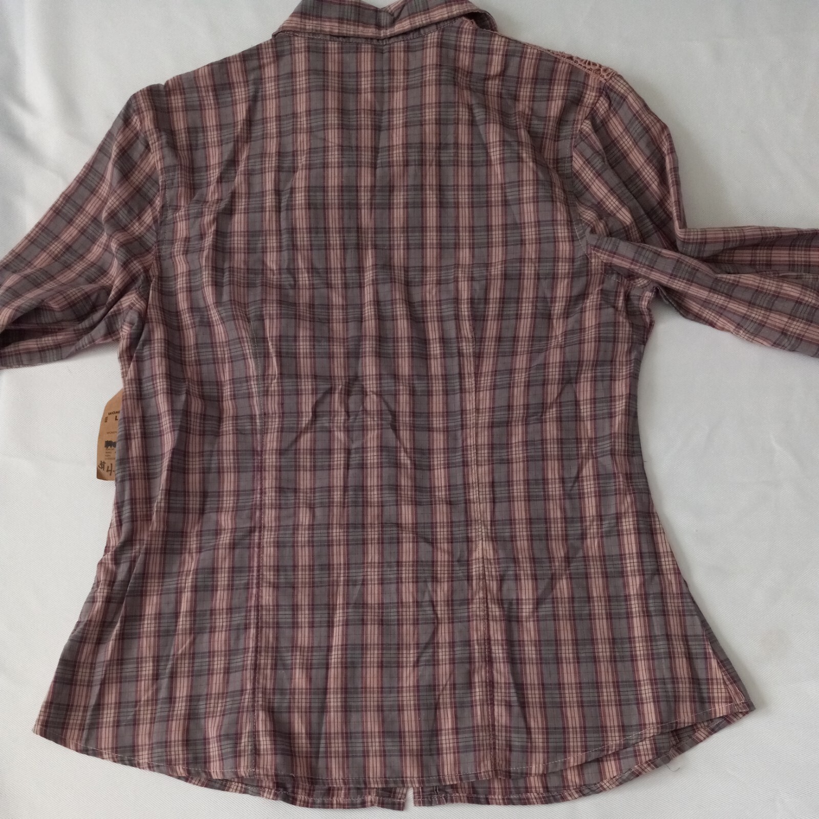 Route 66 Womens Lg LongSleeve Plaid ButtonUp Shirt Maroon Mauve Green Embroidery