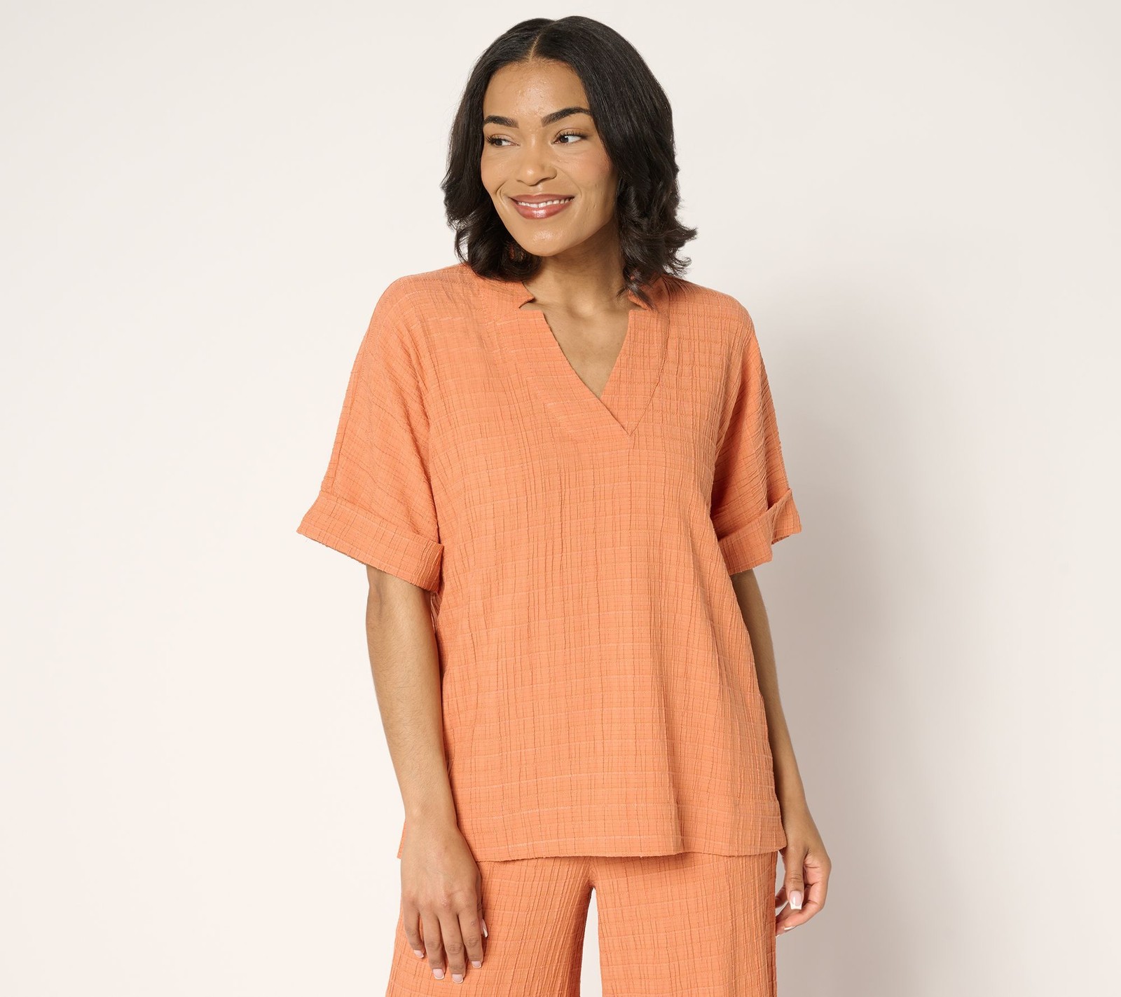 Joan Rivers Classics Collection Women’s Top Sz M Textured Short Orange A693993