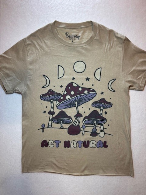 Bowery Mushroom Act Natural Fungi Moon Phase T Shirt SML Womens Mens Tan