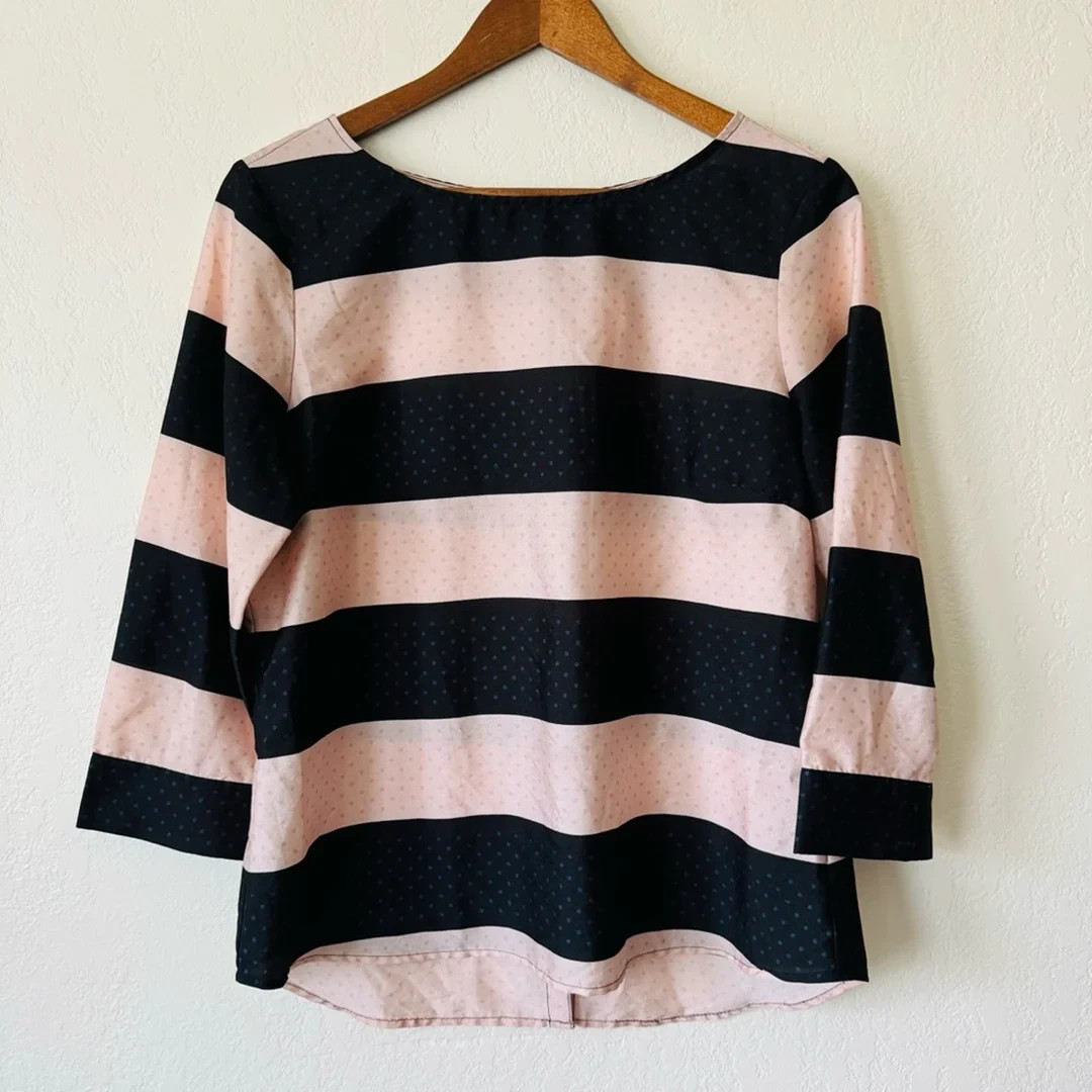 The Limited Back-Button Detail Striped Top Womens S Pink/Black 3/4 Sleeve