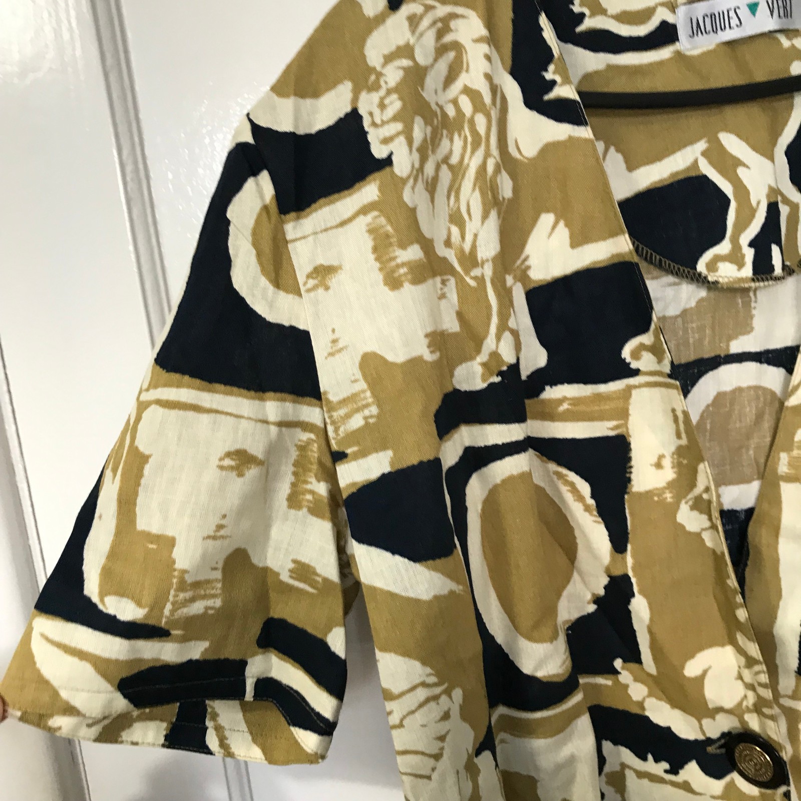 Vintage Jacques Vert Lion Print Linen Yellow Blue Blouse Size 14 Oversized