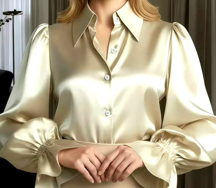 New Elegant Classy Champagne Satin Long Sleeve Ruffle Cuff Blouse Plus 5X NEW