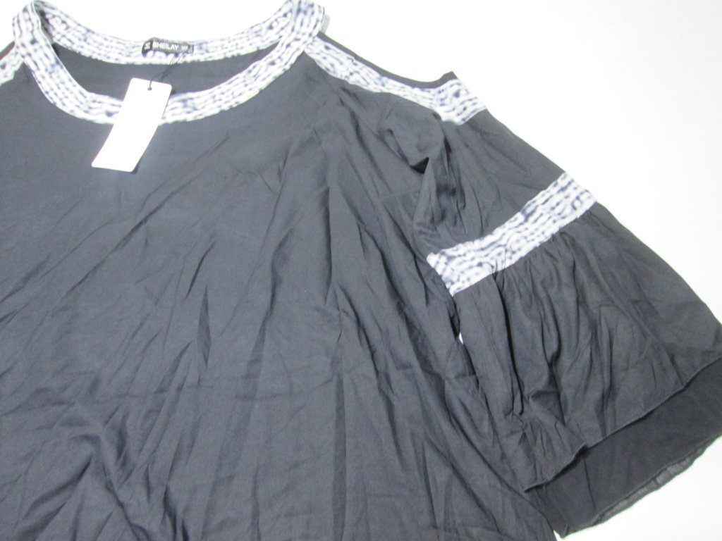 NWT Sheilay Womens Size XL Elbow Sleeve Shirt Black Slit Shoulder Loose Fit