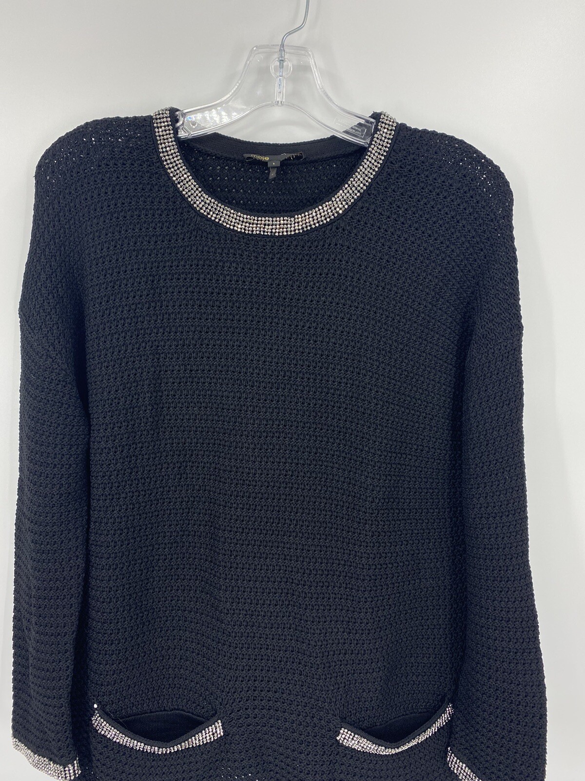 MAJE BLACK CROCHETED CRYSTAL EMBELLISHED SWEATER TOP Size 1 (S)