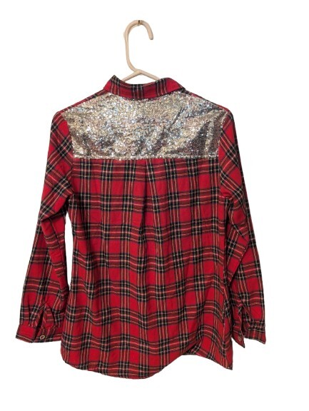 New- Red Plaid Top Sequins Back Grace & Emma Button Up Blouse Tunic Sz Small