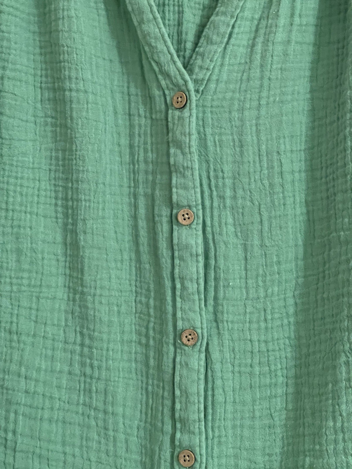 Beach Lunch Lounge Short Sleeve Ribbed Quilted Button Top Blouse Green Sz XS