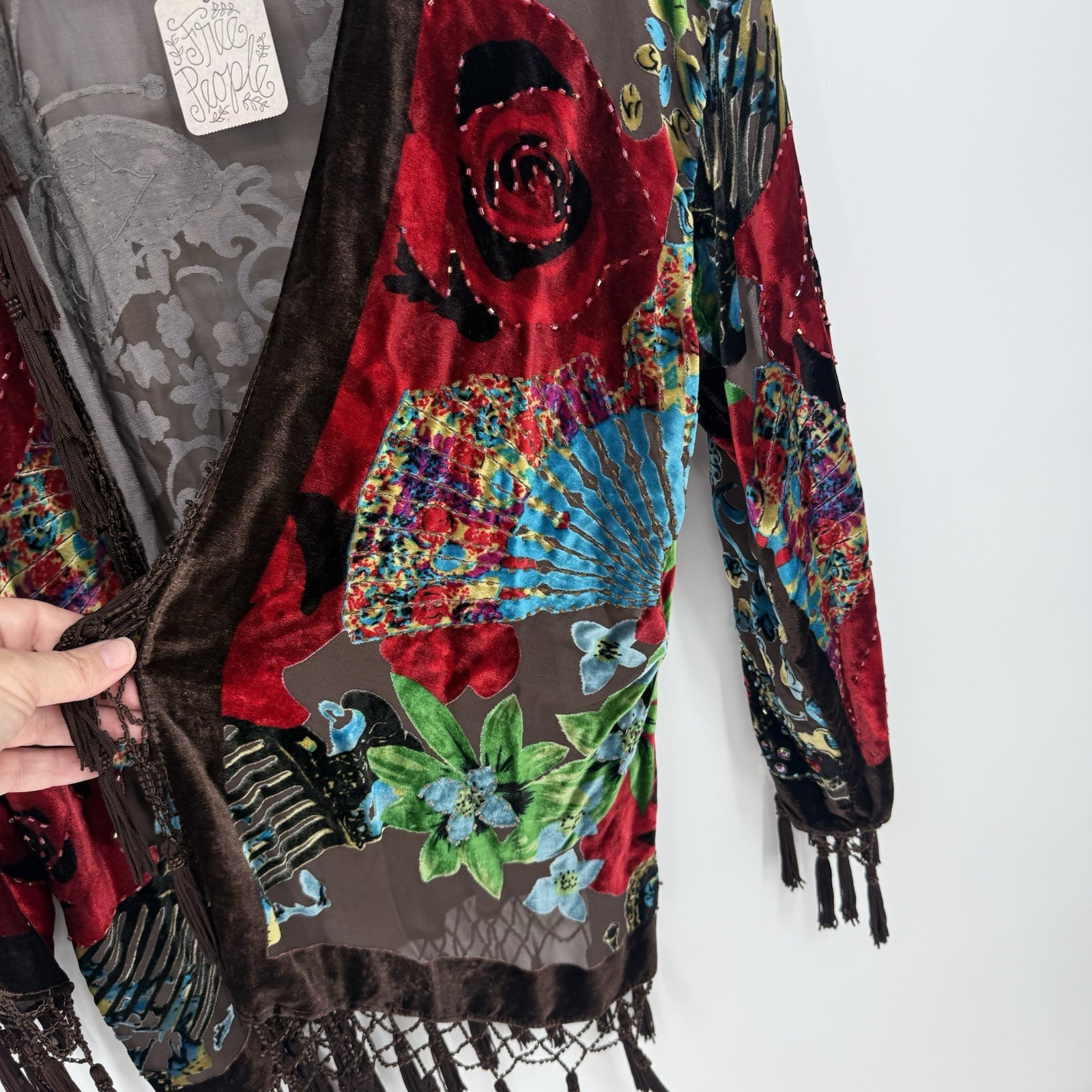 Aris A Kimono Burnout Velvet Floral Boho Beading Tassel Fringe Silk Blend
