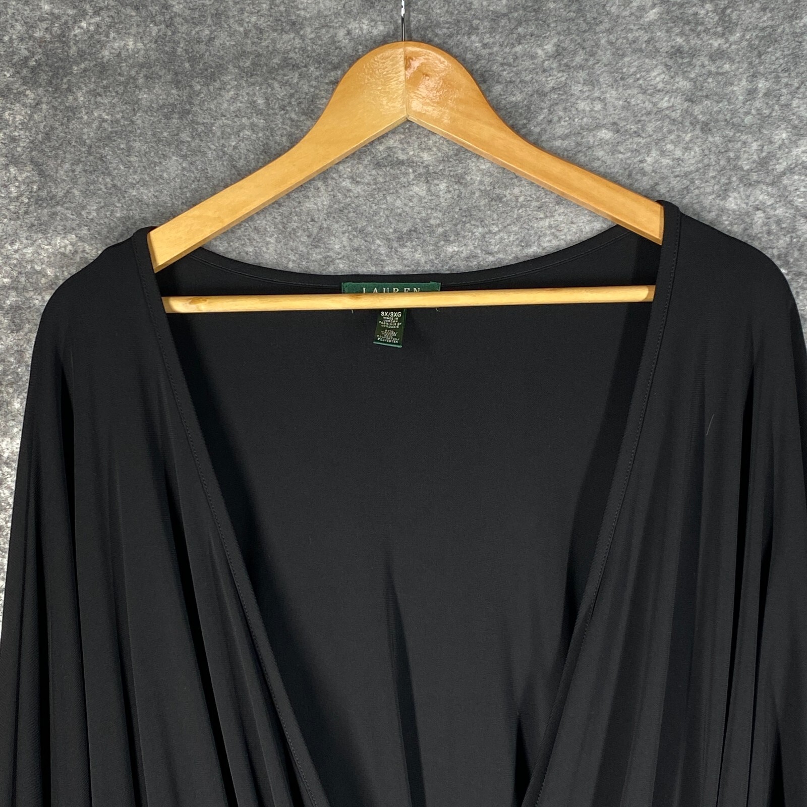 Ralph Lauren Shirt Women 3X Black Faux Wrap Flowy Drapey Stretchy Blouson Tunic