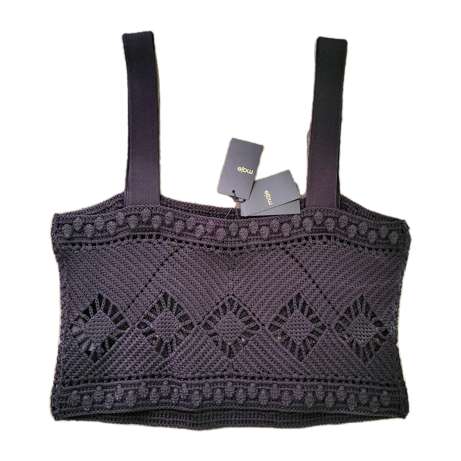 NWT Maje Mayon Knit Crochet Crop Top Black Size S Boho Festival Woven Tank $265