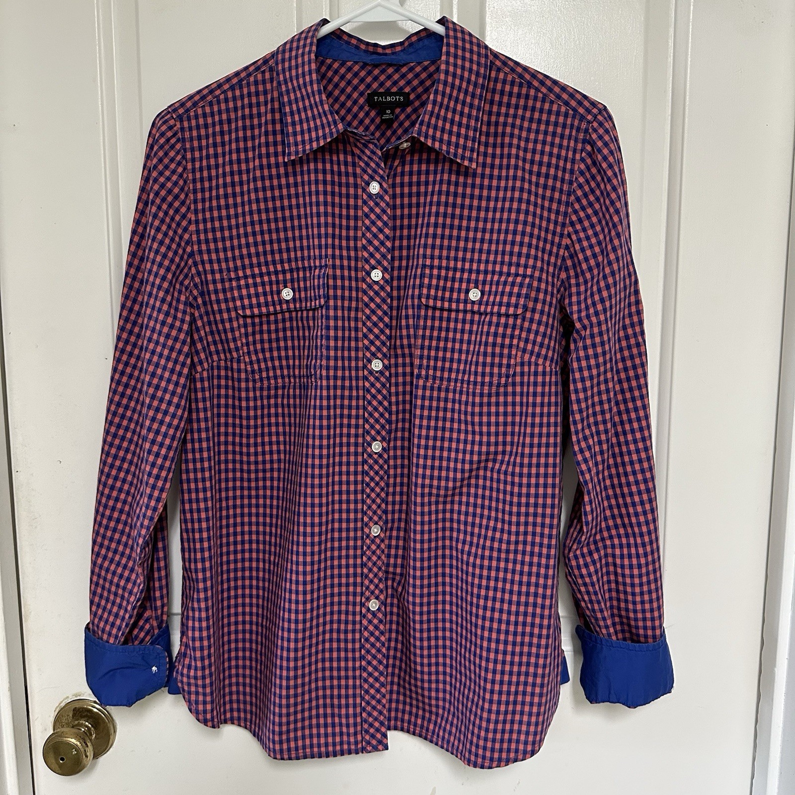 TALBOTS Womens 10 Cotton Check Plaid Flip Cuff Roll Tab Sleeve Button Up Shirt