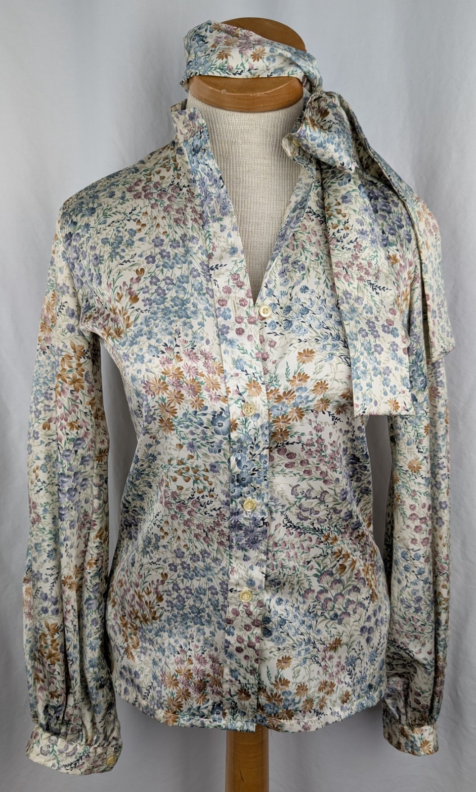 Puccj Vintage 70s Blouse Shirt Set W/Tie Sash Floral Polyester Size 3/4 Small