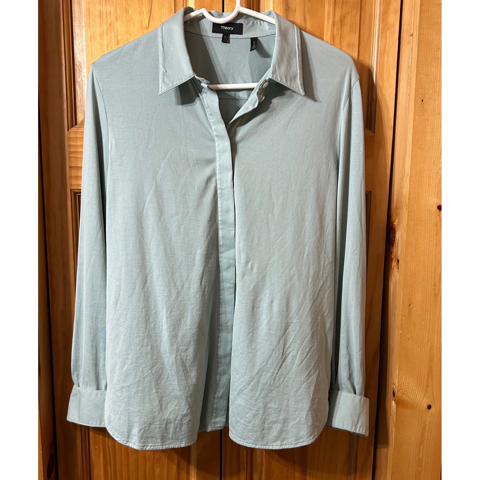 Theory Soft Tide Pima Cotton Button-Down Blouse Light Green Women’s Large Top