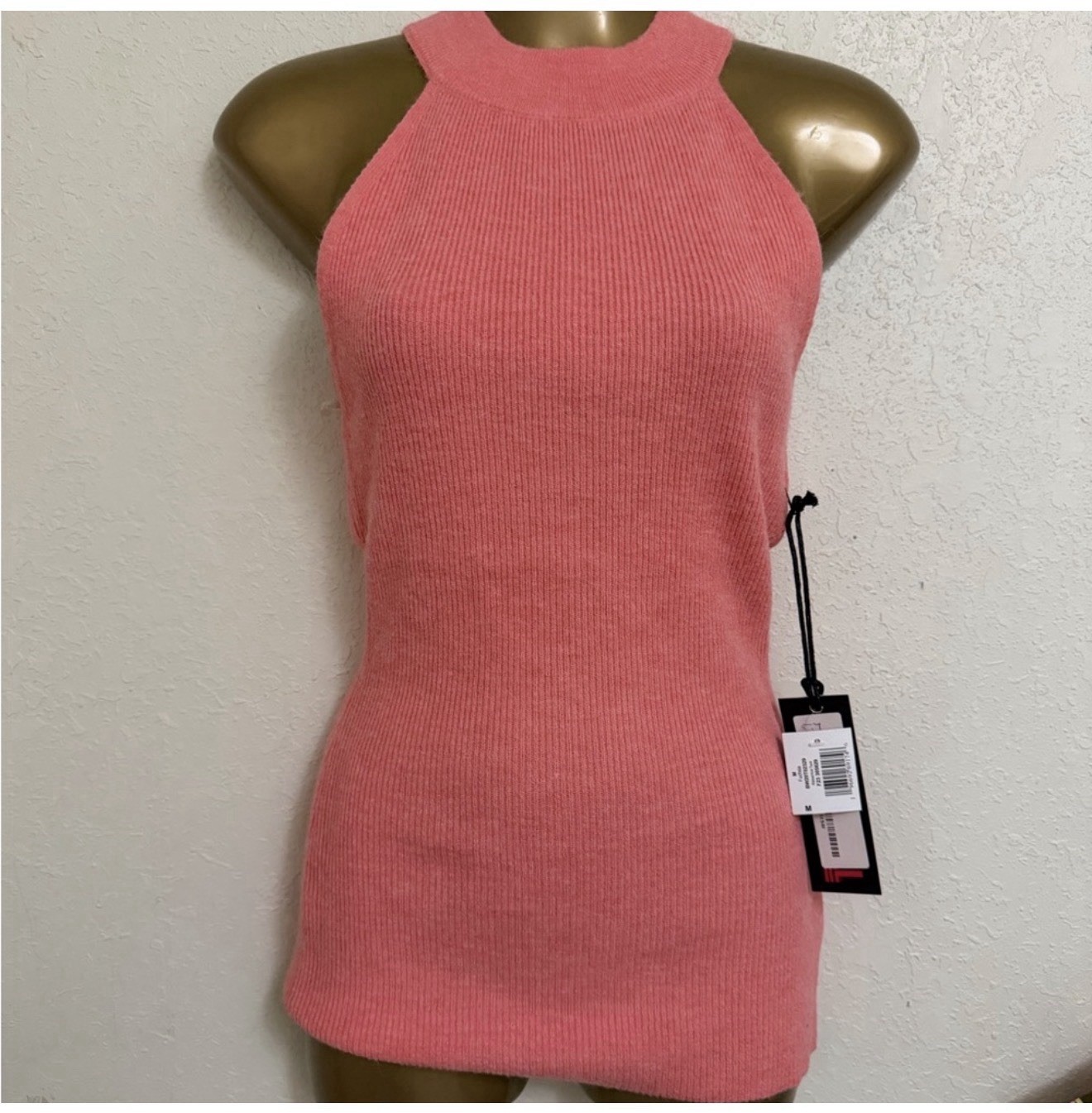 Rock & Roll Sleeveless Ribbed Knit Halter Top In Coral Pink Size Small
