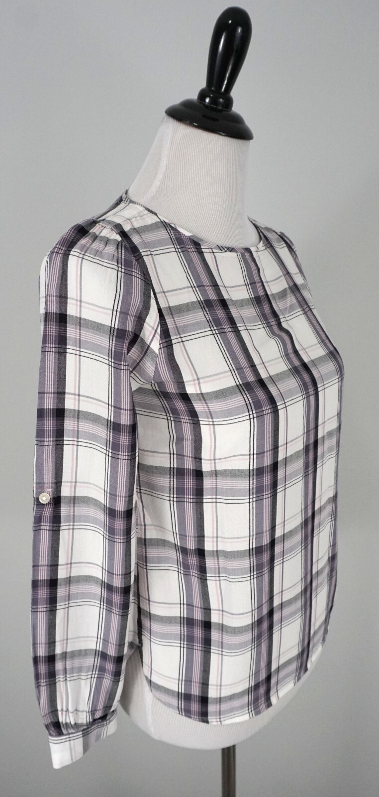 Ann Taylor Loft White Pink Gray Puffer Sleeve Plaid Shirt Top Size XSP