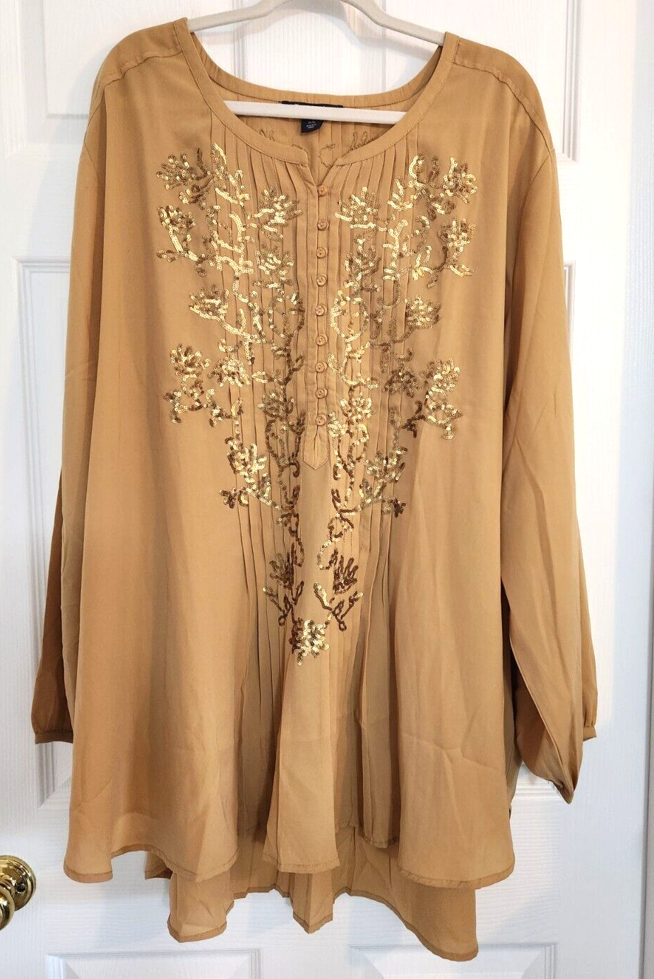 Roamans Gold Tunic Women’s Plus 36W Tunic Lightweight Sequin Pleated Long Sleeve